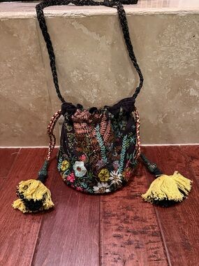 Anthropologie Embroidered Beaded Black Floral Drawstring Bucket Bag
